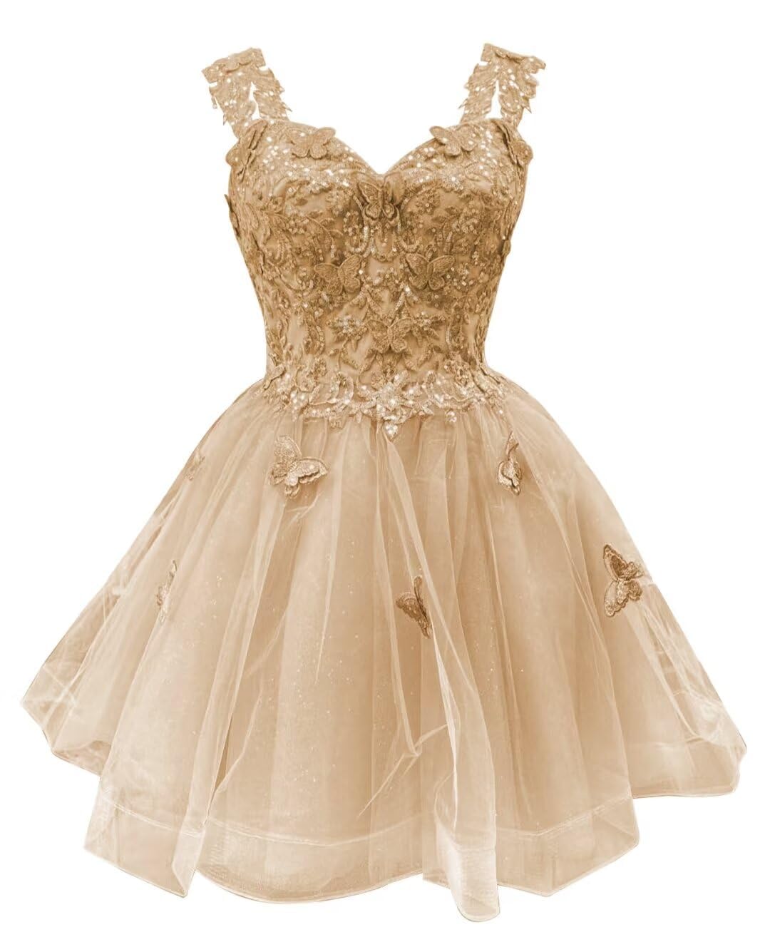 3D Butterfly Short Homecoming Dresses 2025 Off Shoulder Sparkly Sequin Prom Dress for Teens Quinceanera Coctail Dress ChampagneUS8