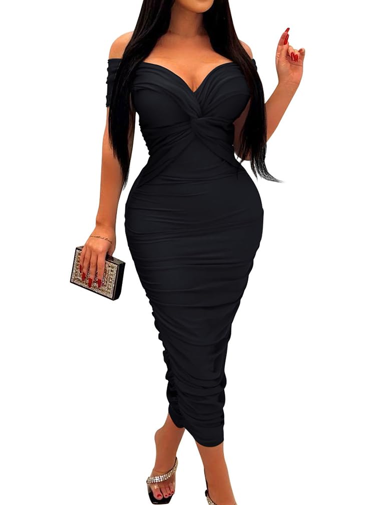 BEAGIMEG Womens Sexy Elegant Bodycon Sleeveless Ruched Off Shoulder Night Party Cocktail Midi Dress Black