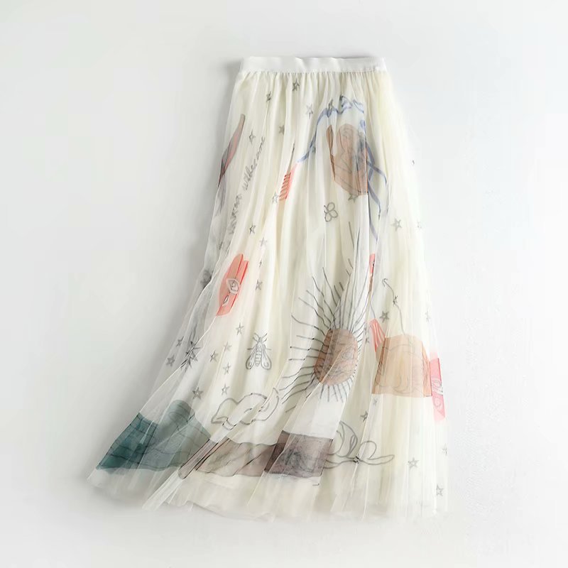 High-Waisted A-Line Floral Tulle Midi Skirt for Women