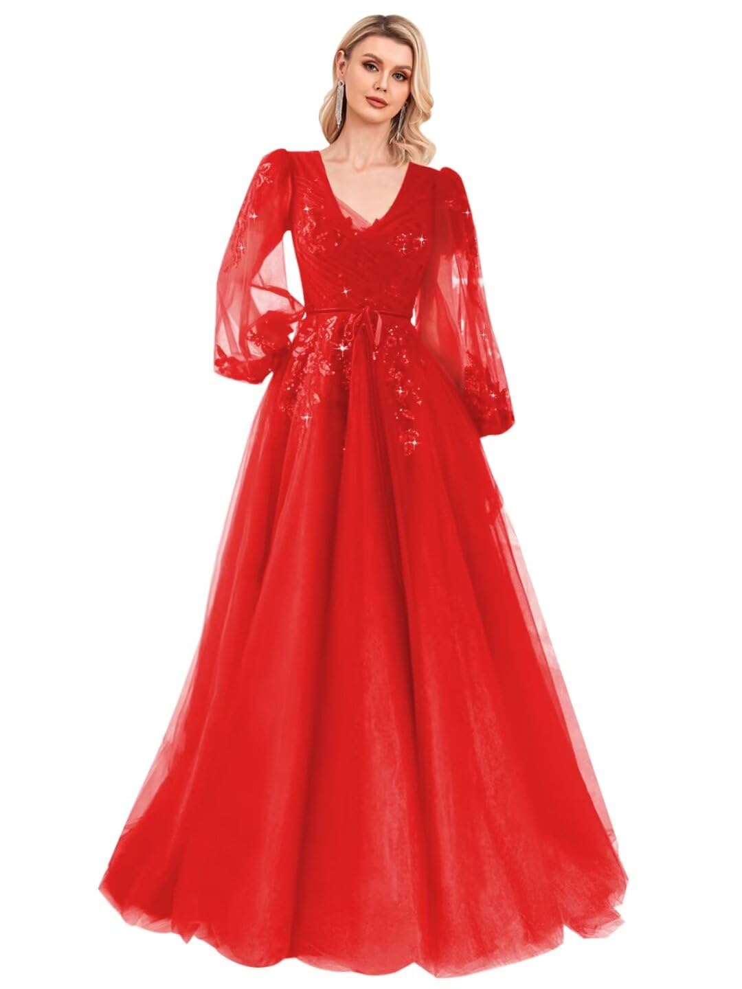 Sequin Applique Long Sleeve Prom Dress Sparkly Tulle Ball Gown A Line V Neck Formal Evening Gowns Size 4 Red