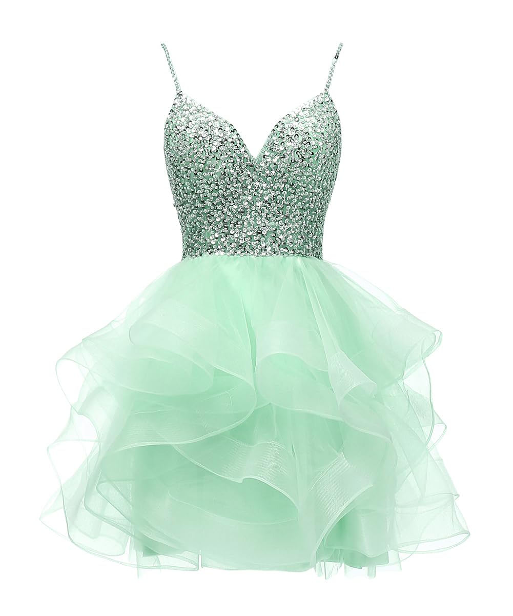 Sequins Beads Short Puffy Prom Dress Homecoming Dress Tulle Ball Gown Sweet 16 Dresses for Teens Light Green US12