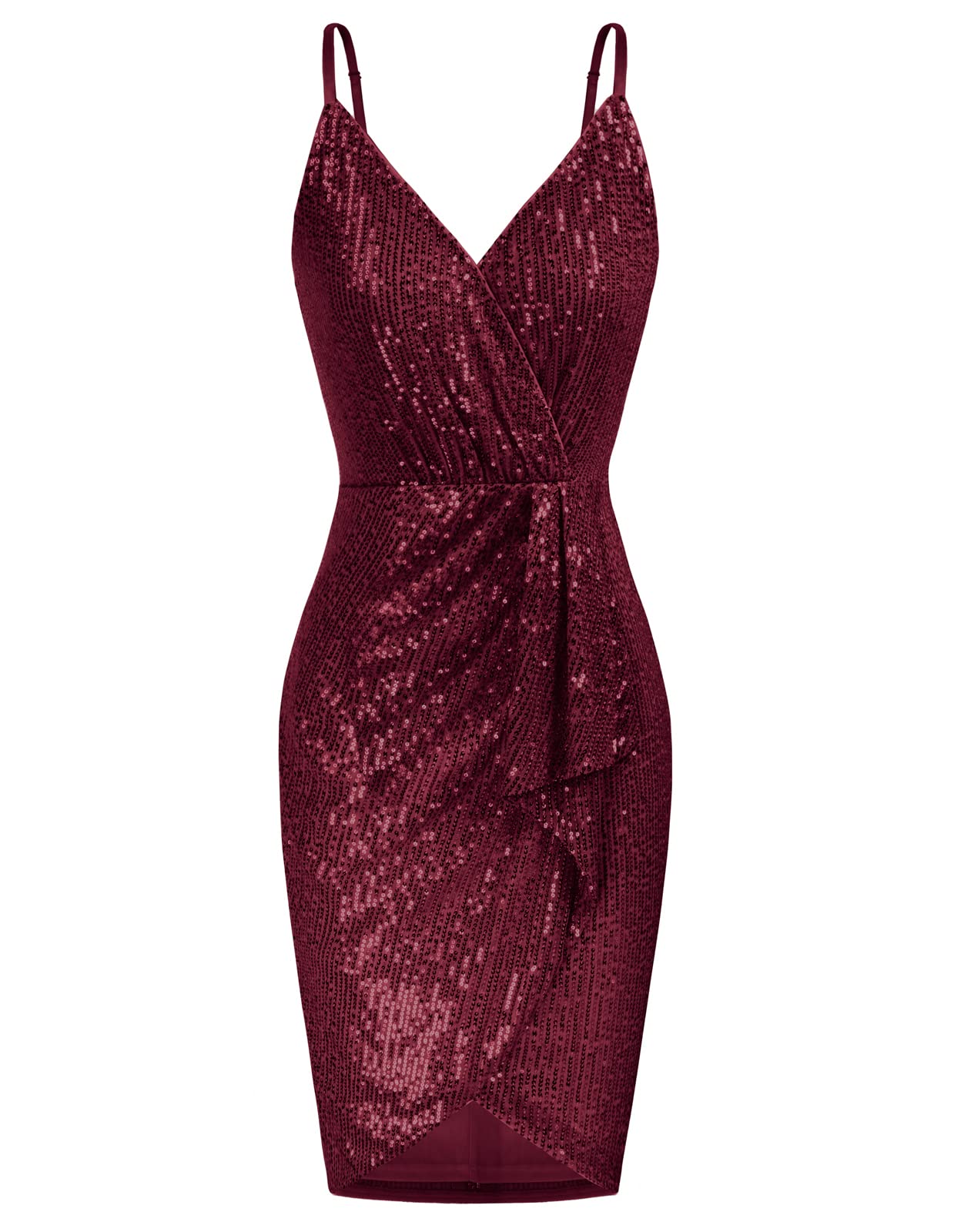 GRACE KARIN Women Sparkly Sequin Dress Spaghetti Strap Shimmer Bodycon Party Dresses Wine M