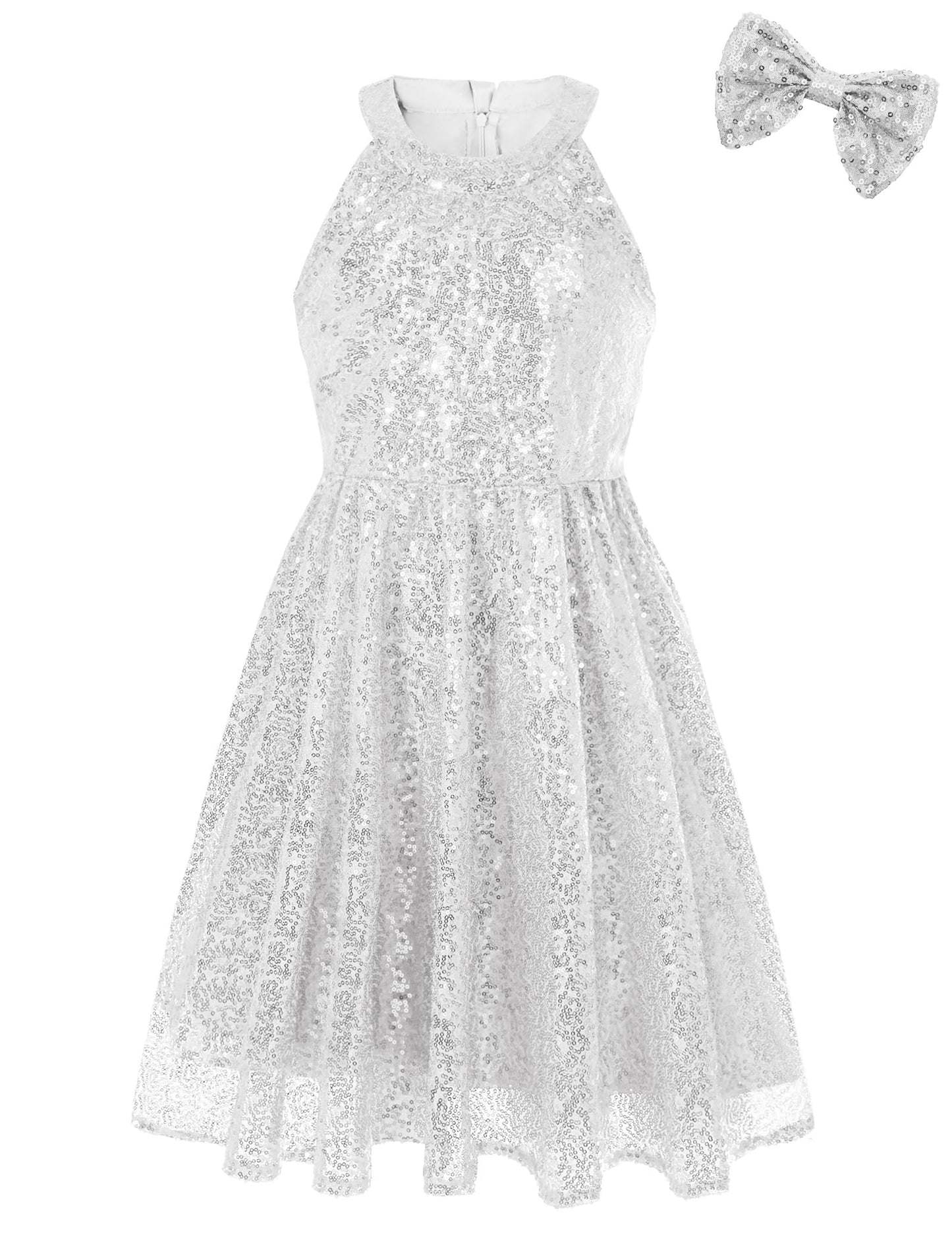 EXARUS Girls Sparkly Glitter Sequin Dress A-Line Dress Formal Sleeveless Halter Neck Dress Sparkle Sequence Dress Party Birthday White 12Y