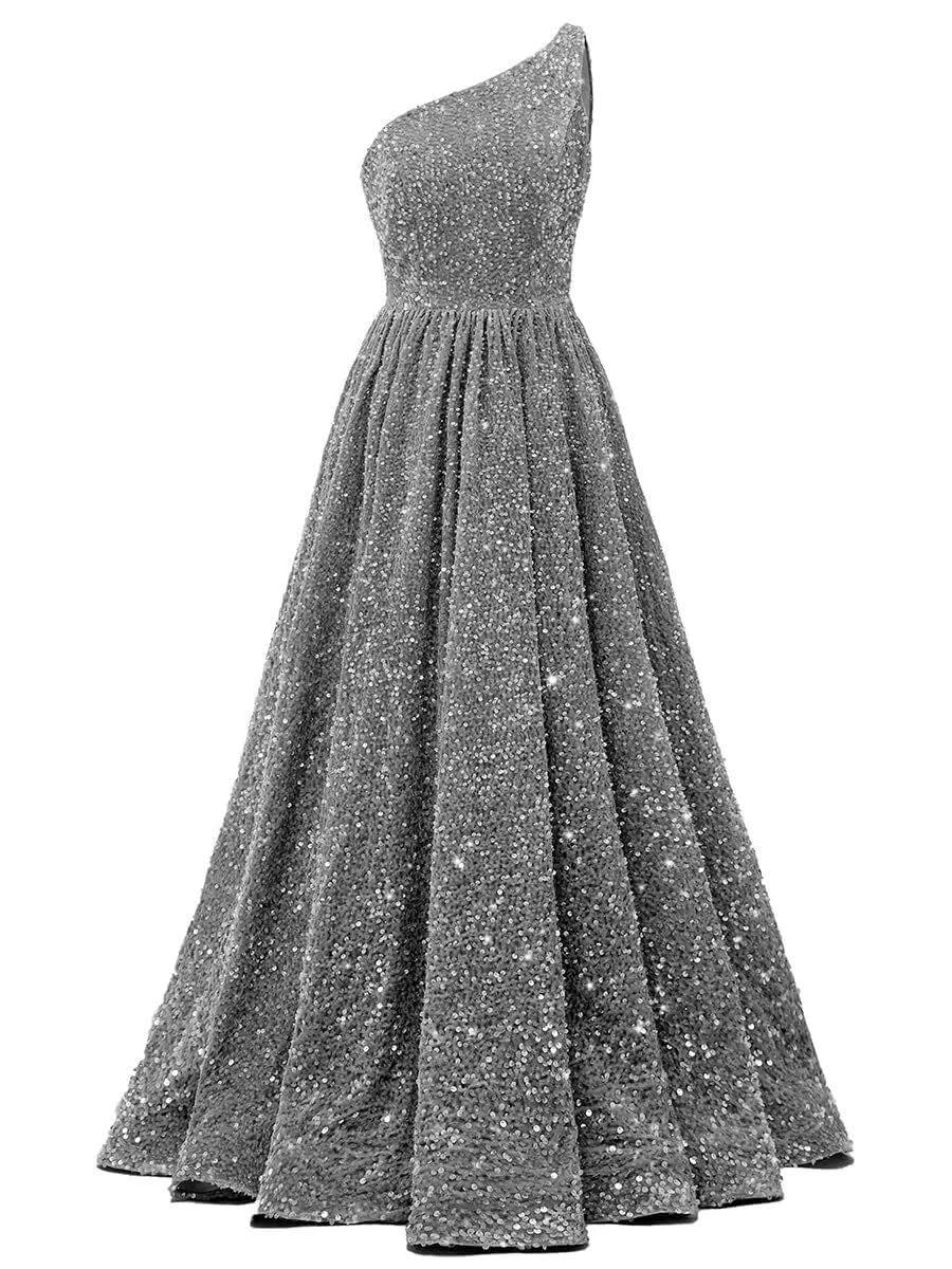 Changuan Prom Dresses for Women 2024 Sequin One Shoulder Ball Gowns with Pockets Long Sparkly A-line Formal Dress Evening Party Gowns Size 6 Steel Grey