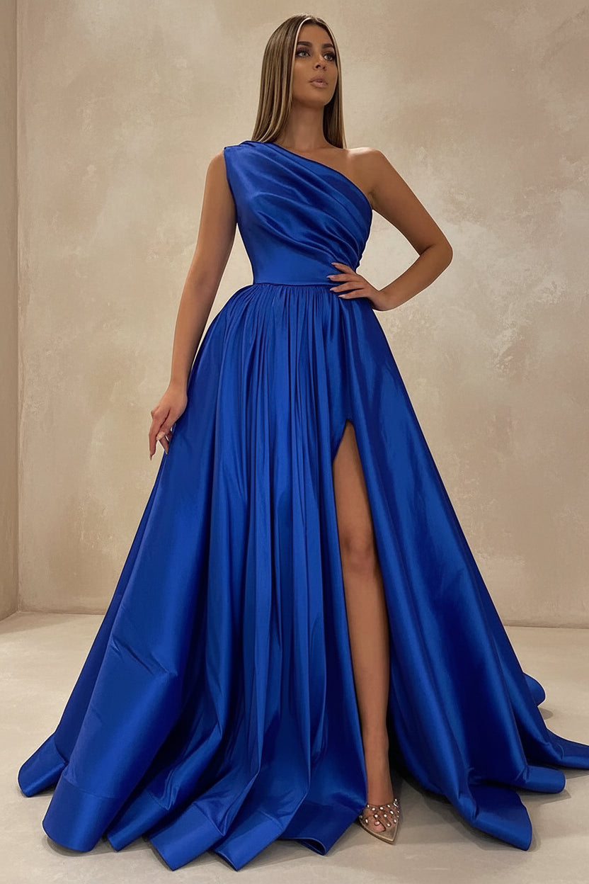 Fu Jiang One Shoulder Satin Prom Dresses Long Ball Gown with Slit Royal Blue Backless A Line Wedding Bridesmaid Gowns Size 16