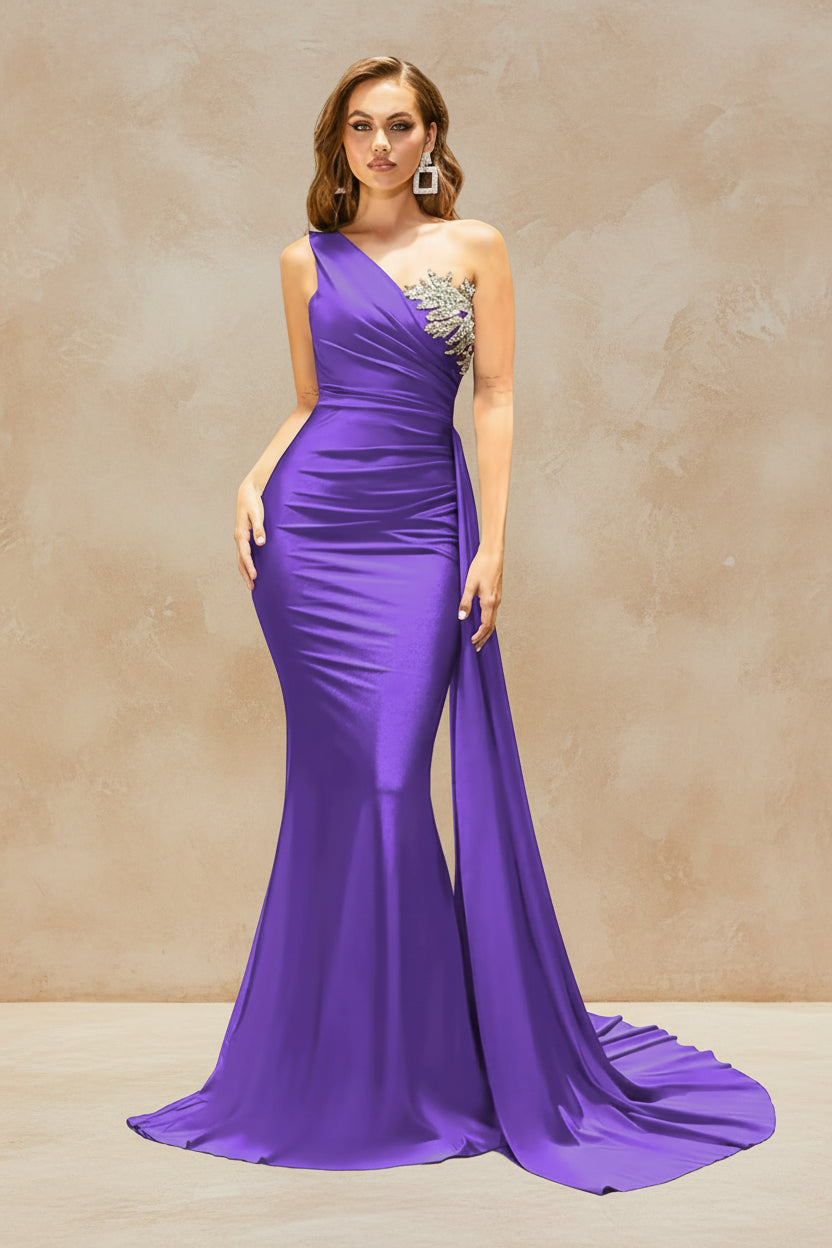 One Shoulder Prom Dresses 2024 Long Satin Mermaid Beaded lace Appliques Formal Evening Party Gowns for Teens Eggplant 14