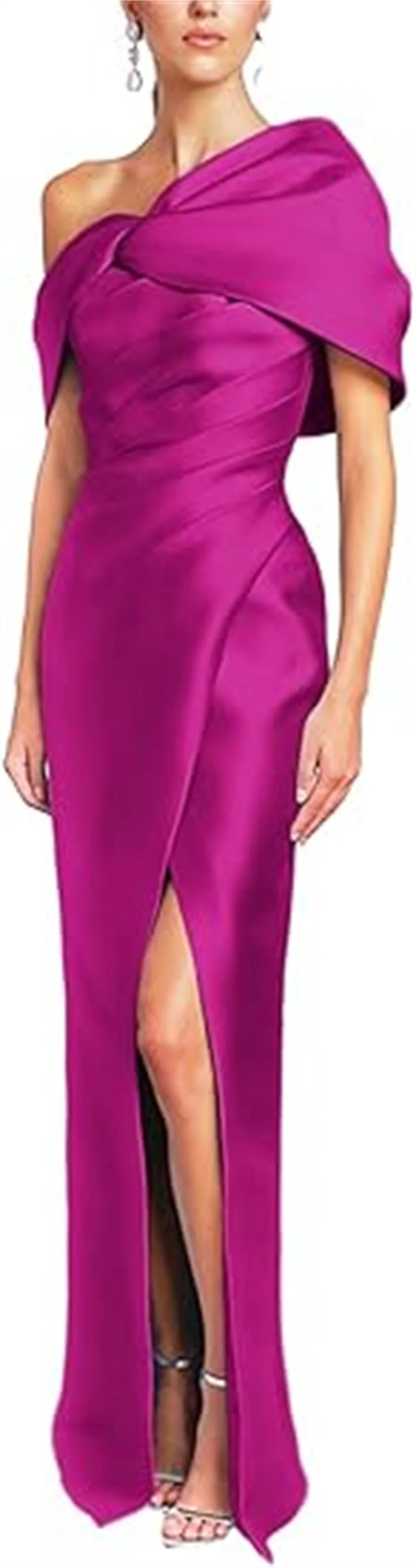 Women Mermaid Satin Floor Length Evening Gowns Sheath High Side Slit One Shoulder Ruched Backless Wedding Guest Dress