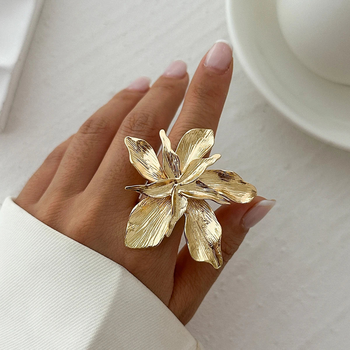 Salircon 2025 Personality Design Double Layered Metal Flower Ring for Women Trend Punk Party Adjustable Ring Ladies Jewelry Gift