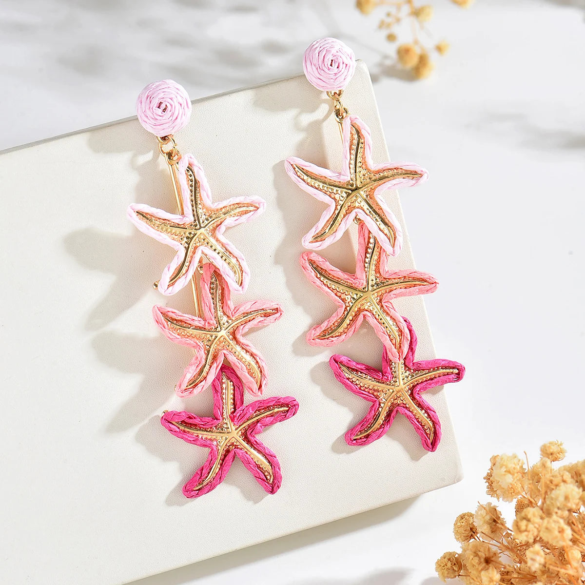 Women Handmade Rainbow Straw Triple Starfish Earrings Color Block Raffia Ball Stud Long Sea Star Dangling Earrings Bohemian Seas