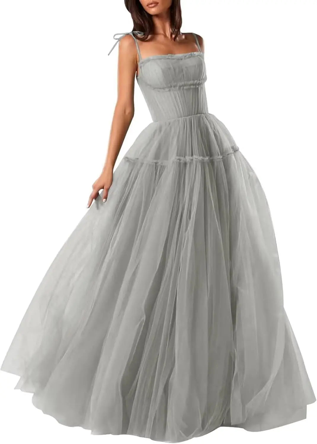 Women's Tulle Prom Dresses Spaghetti Straps Bridesmaid Dresses Long A Line Foraml Evening Party Gowns Tiered Fluffy Skirt Dress