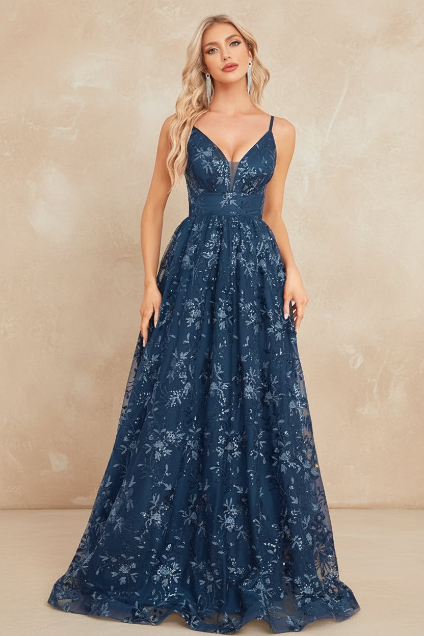 Elegant Sequins Sexy Backless Evening Dress For Women Deep V-neck Prom Party Dress Floor Length Blue Formal Gowns