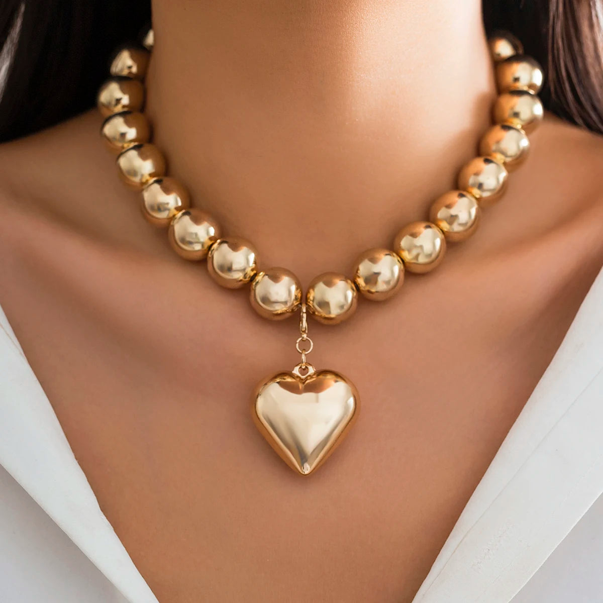 Salircon Big CCB Ball Beaded Chain Heart Shape Pendant Necklace for Women Gold Color Trendy Clavicle Choker Necklace Jewelry