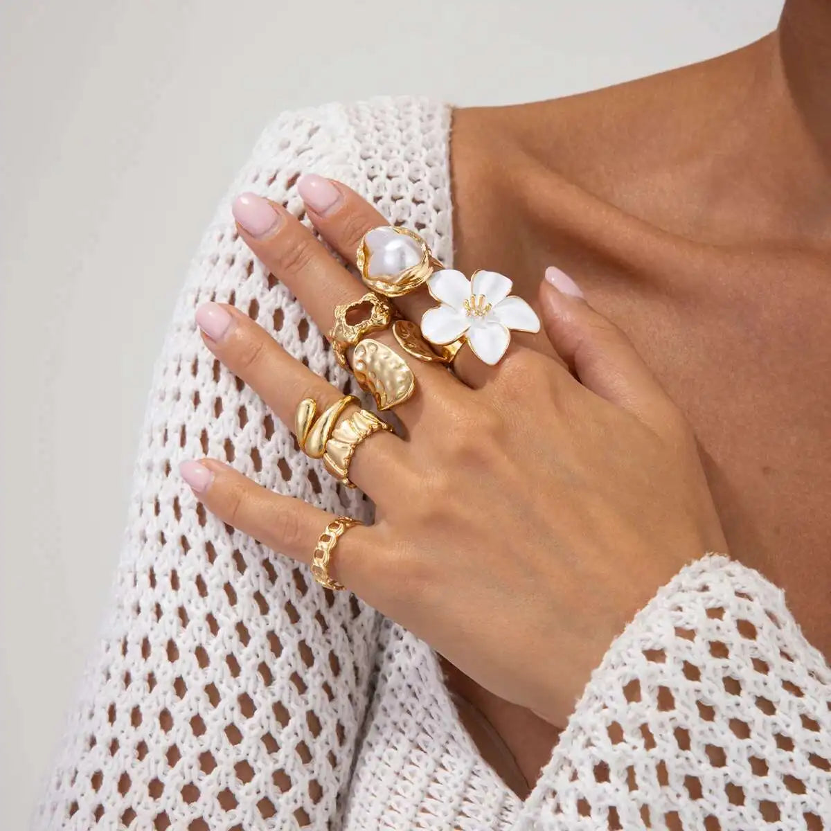 KunJoe 7Pcs/Set Imitation Pearl White Flower Open Ring for Women Trendy Geometry Water Drop Adjustable Finger Ring Jewelry Gift