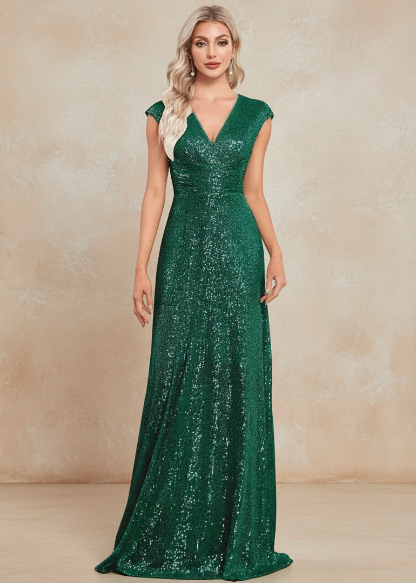 Women Elegant V-neck Mermaid Evening Dress Floor Length Formal Blue Prom Party Gown Sequins Sleeveless Vestidos