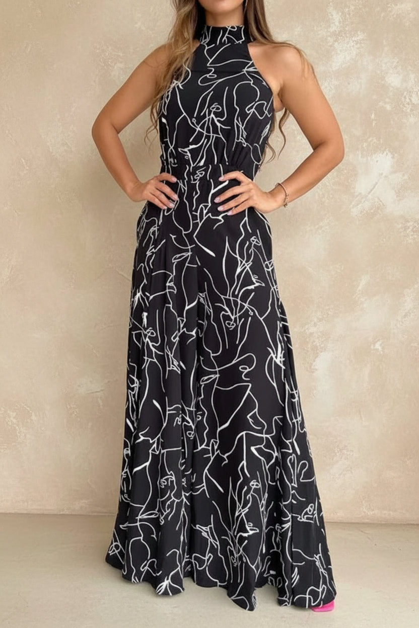 Summer Women's Elegant Waist Halter Jumpsuit Tie Sleeveless Wide Leg Long Pant Bodycon Abstract Print Streetwear Romper Mujer