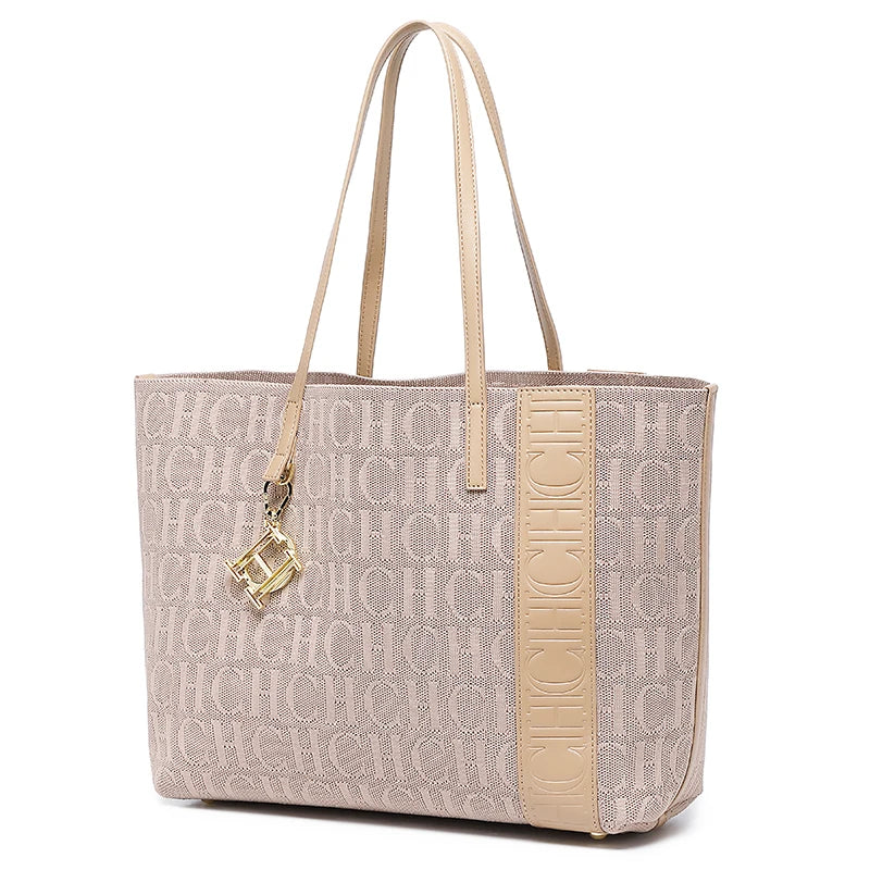 CH Fashion Women's Large Capacity Tote Bag Monogram Embossed Handbag with Metal Daily Commute Work Shoulder Bag