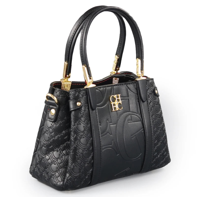 CH Women's Fashion Embossed Handbag Luxury PU Leather Top Handle Crossbody Bag 2026 New Gold Hardware Ladies Shoulder Bag