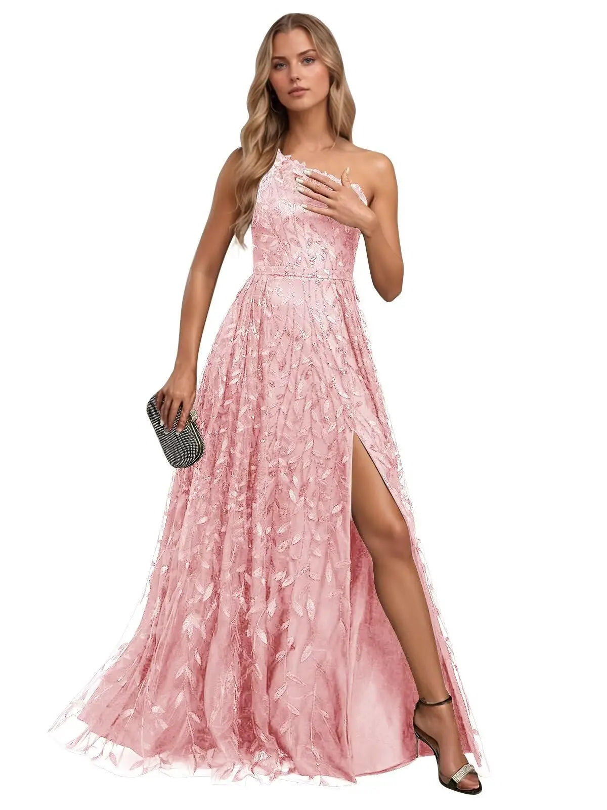 Lace Embroidered sequins Prom Dresses for Women One Shoulder Formal Party Dress Sleeveless Maxi Evening Gown with Slit