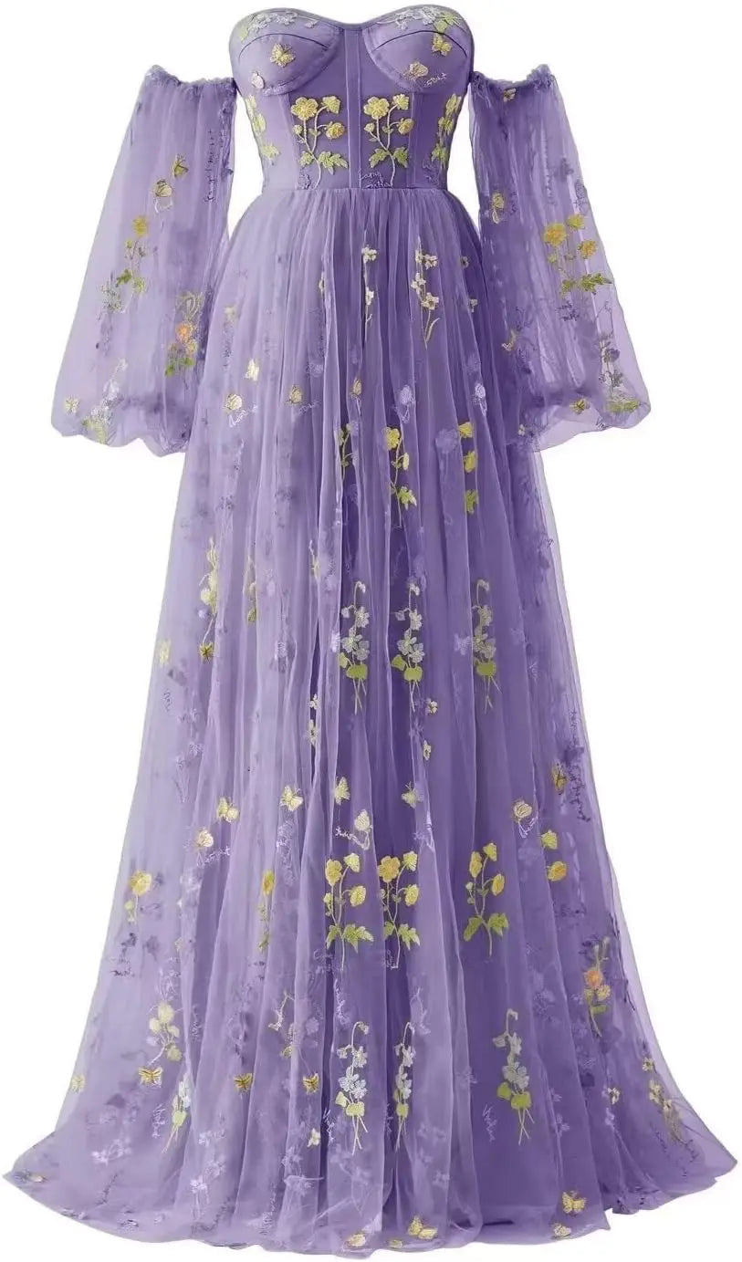 Tulle Prom Dresses for Women Flower Embroidery A-Line Formal Evening Party Gowns Formal Dress Women Elegant Evening Dress