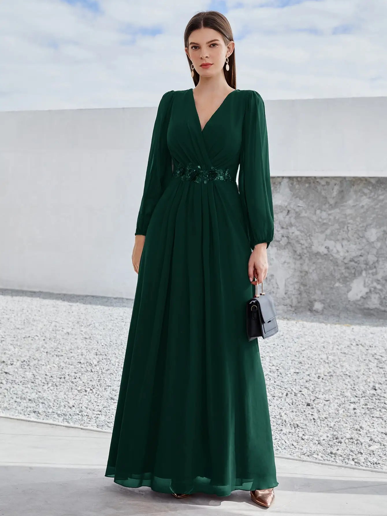 Mgiacy V-neck long sleeve beaded print extra long chiffon Dress