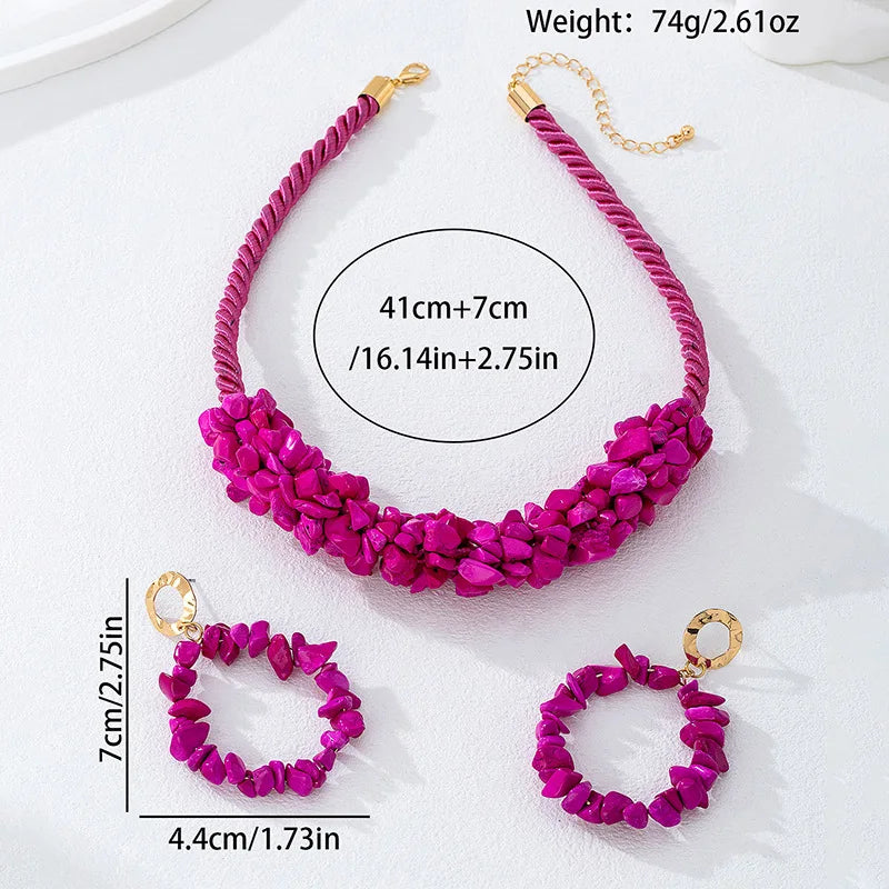 Vintage Rose Red Stone Hand Short Necklace Stud Earrings Set for women girls holiday party gift S284