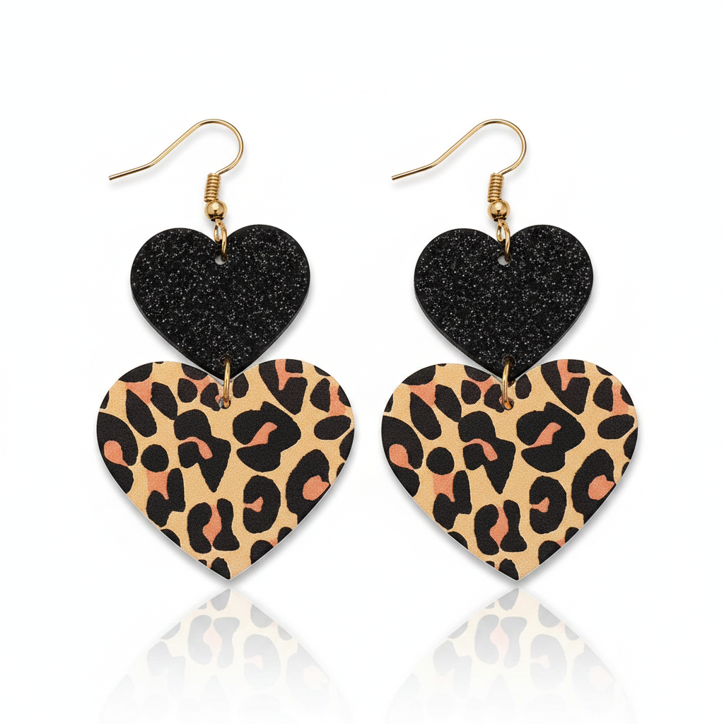 Women's Pendant Earrings Leopard Print Two Hearts Leopard Print Earrings Suitable for Daily Wear and Vacation Wear