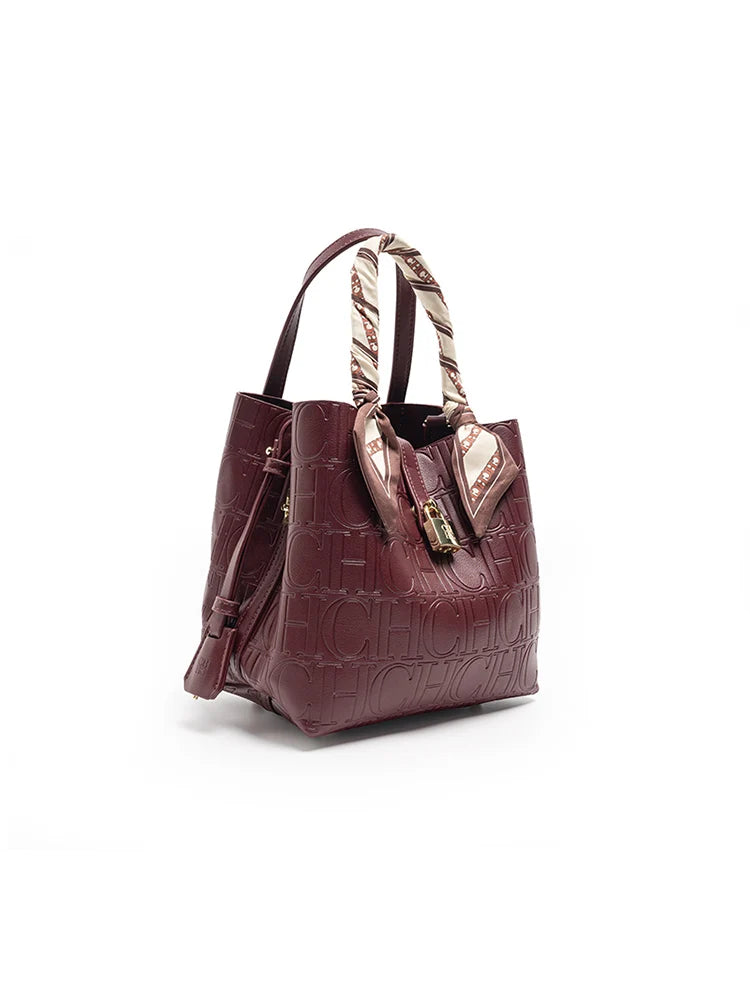 CH New Tote Bag Embossed Logo Silk Scarf Decor Lock Buckle Burgundy Fashion Women Casual Daily Handbag