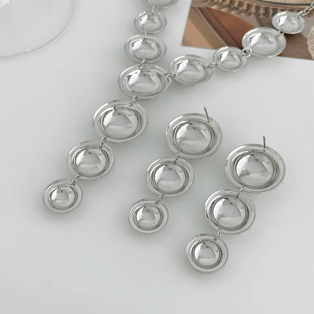 Salircon Women Punk Metal Y-Shaped Chain Jewelry Set Exaggerated Geometric Smooth Circular Spliced Long Necklace And Earrings
