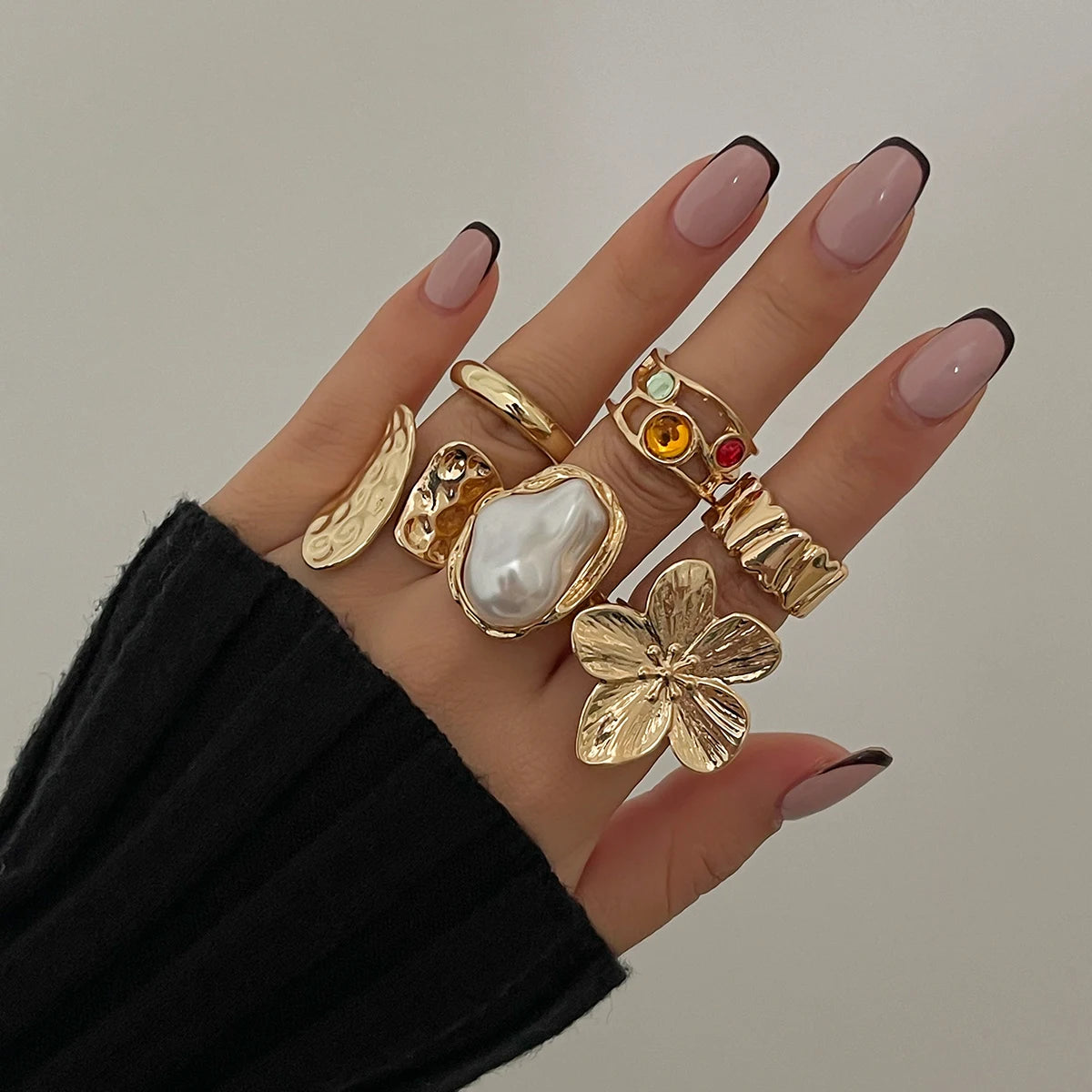 KunJoe 6 Pcs Elegant Crystal Imitation Pearl Open Rings Set for Women Smooth Metal Gold Color Flower Chunky Ring Jewelry Gift