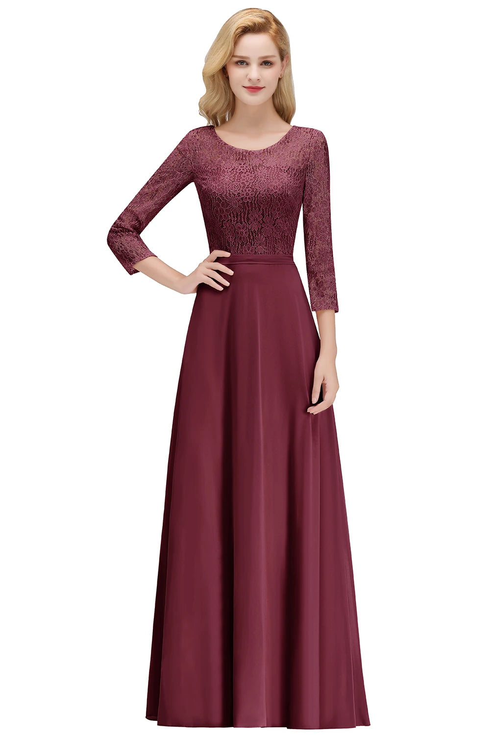 BABYONLINE In Stock Bridesmaid Gown Long Sleeve Floral Lace Appqulies Chiffon A-line Skirt Boho Wedding Party Guest Gown