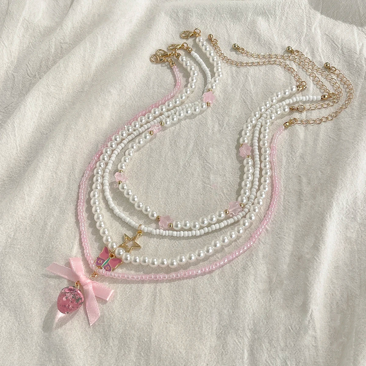 Salircon Romantic Lovely Pink Strawberry Bowkont Pendant Women Necklace Set Elegant Multilayer Imitation Pearl Choker Jewelry