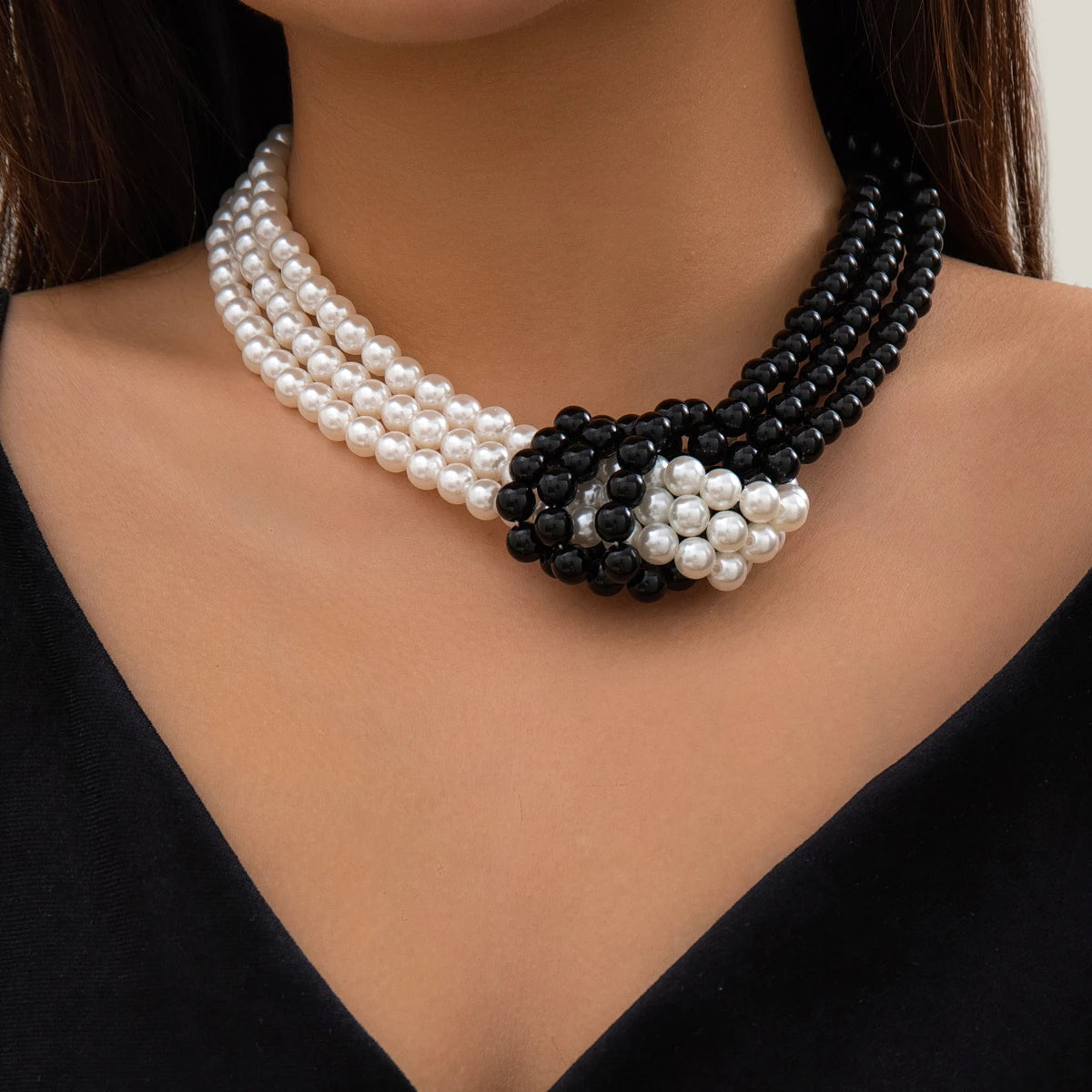 Salircon Gothic Multi-layer Imitation Pearl Chain Necklace Punk Knot Bead Chain Choker Necklace Women's Banquet Party Jewelry