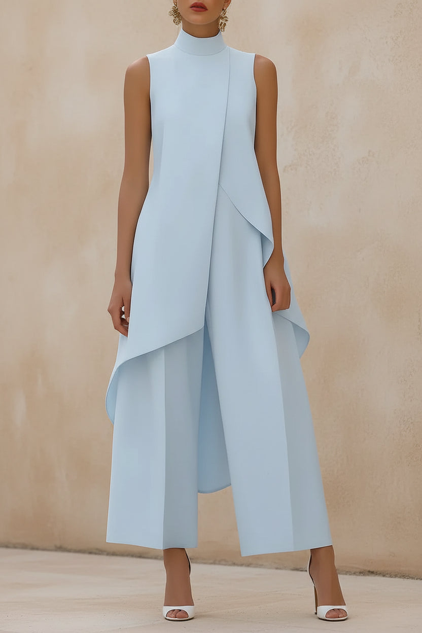 Sleeveless High Neck Asymmetrical Layered Wide Leg Jumpsuit for Women Elegant Formal Evening Wear
