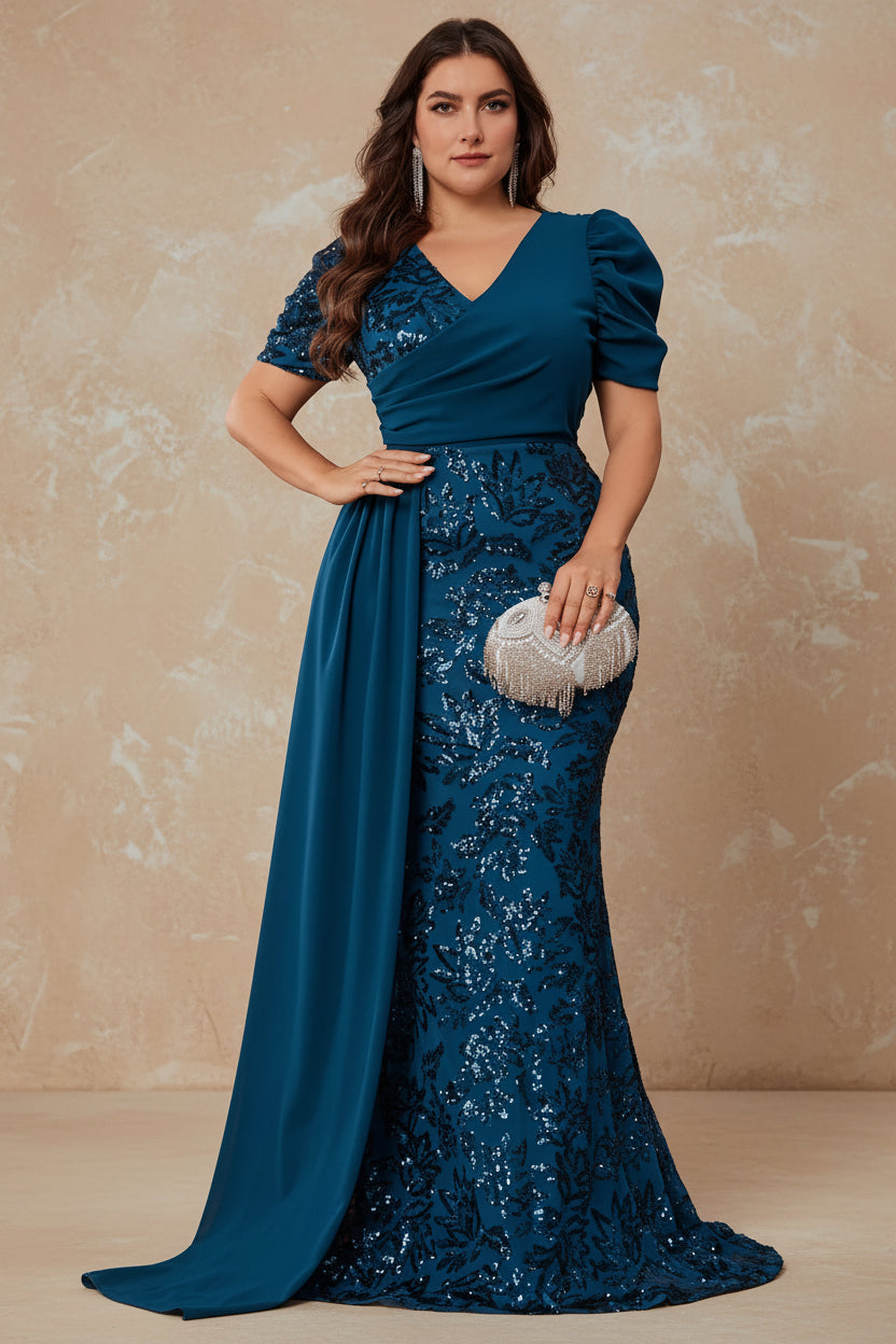 Plus Size Elegant V-neck Sequins Evening Dress Women Short Sleeves Mermaid Formal Luxury Party Streamer Prom Dress