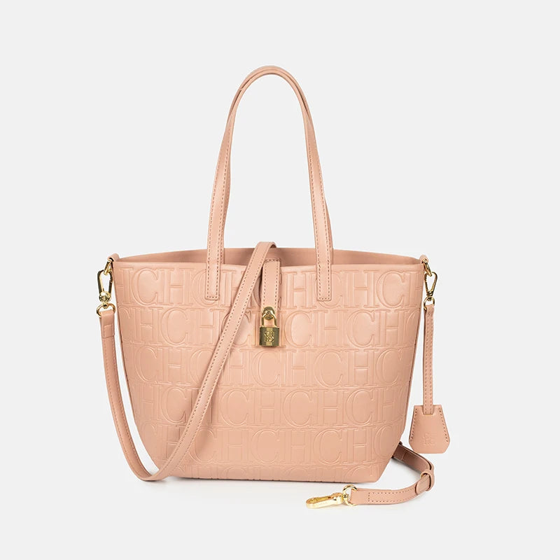 CH Embossed Monogram Tote Handbag Detachable Crossbody Strap Gold Lock Hardware Daily Fashion Women Bag