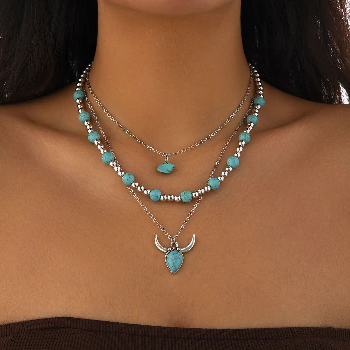 KunJoe 3Pcs Vintage Blue Natural Stone Beads Choker Necklaces for Women Bohemia Geometry Pendant Necklace Trendy Neck Jewelry