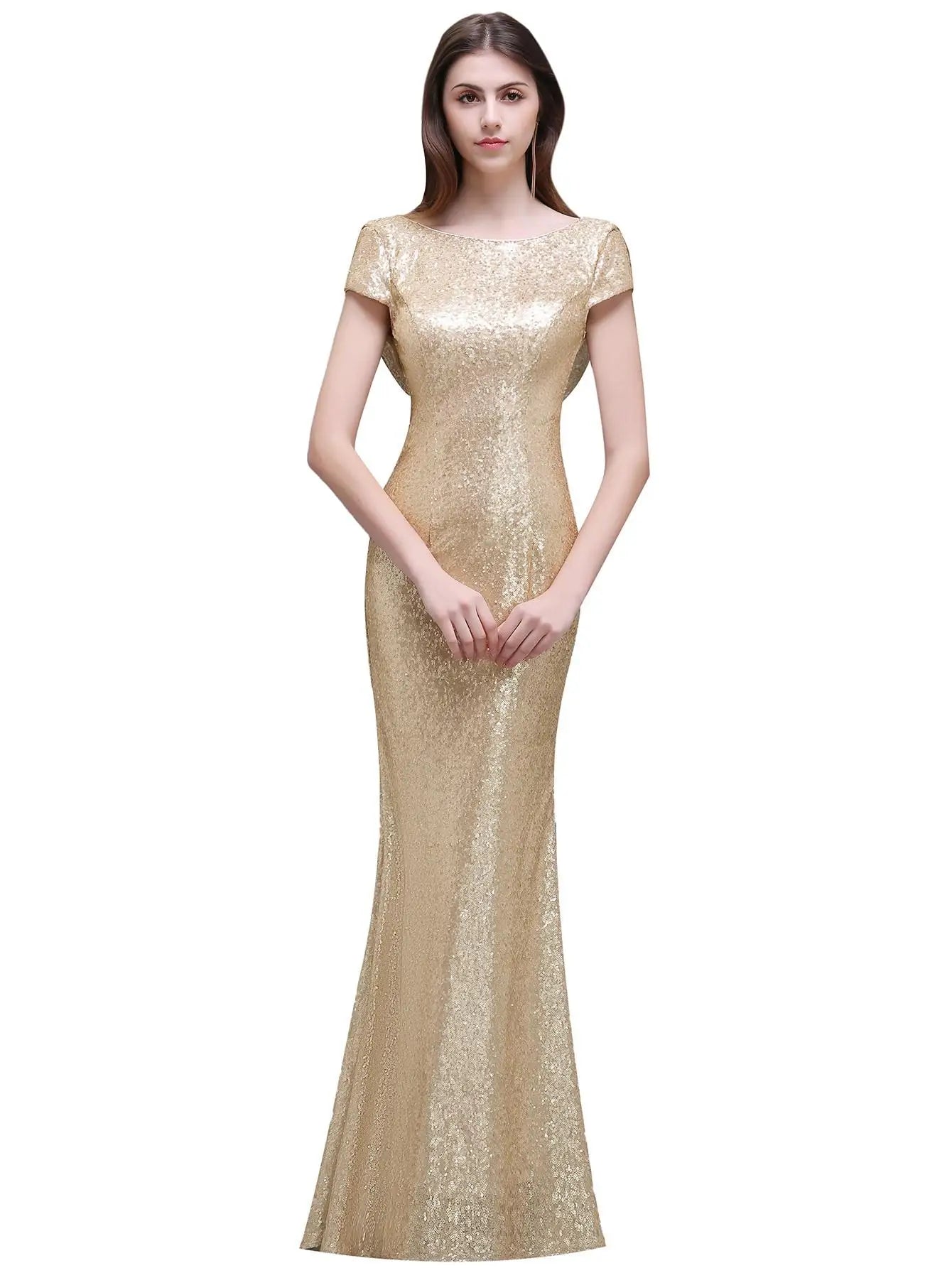 Champagne Sequins Bridesmaid Dresses Mermaid Rose Gold Short Sleeves O Neck Burgundy Summer Formal Wedding Party Guest Gown