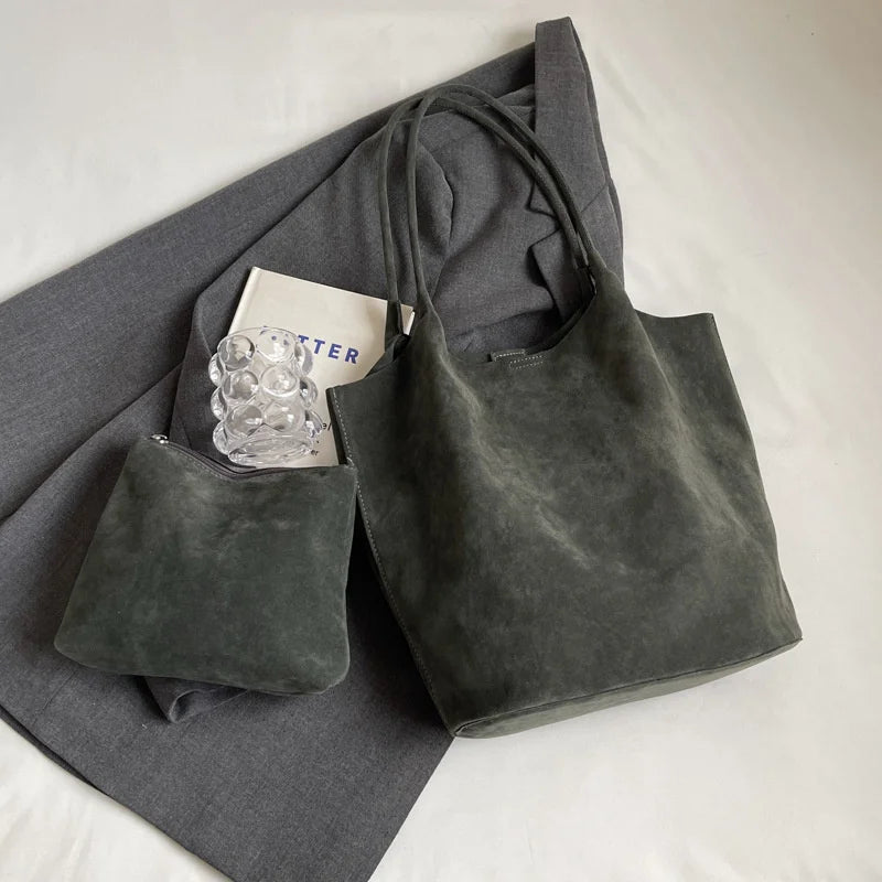 Retro Women's Suede Shoulder Bag New Solid Colors High Capacity Casual Tote Zippered Versatile Sewing Thread for Crafting