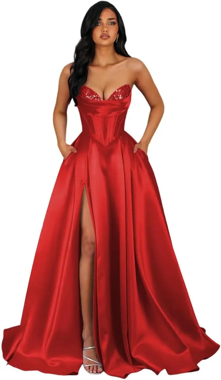 Strapless Sequin Prom Dresses Long with Slit Satin Formal Party Dress