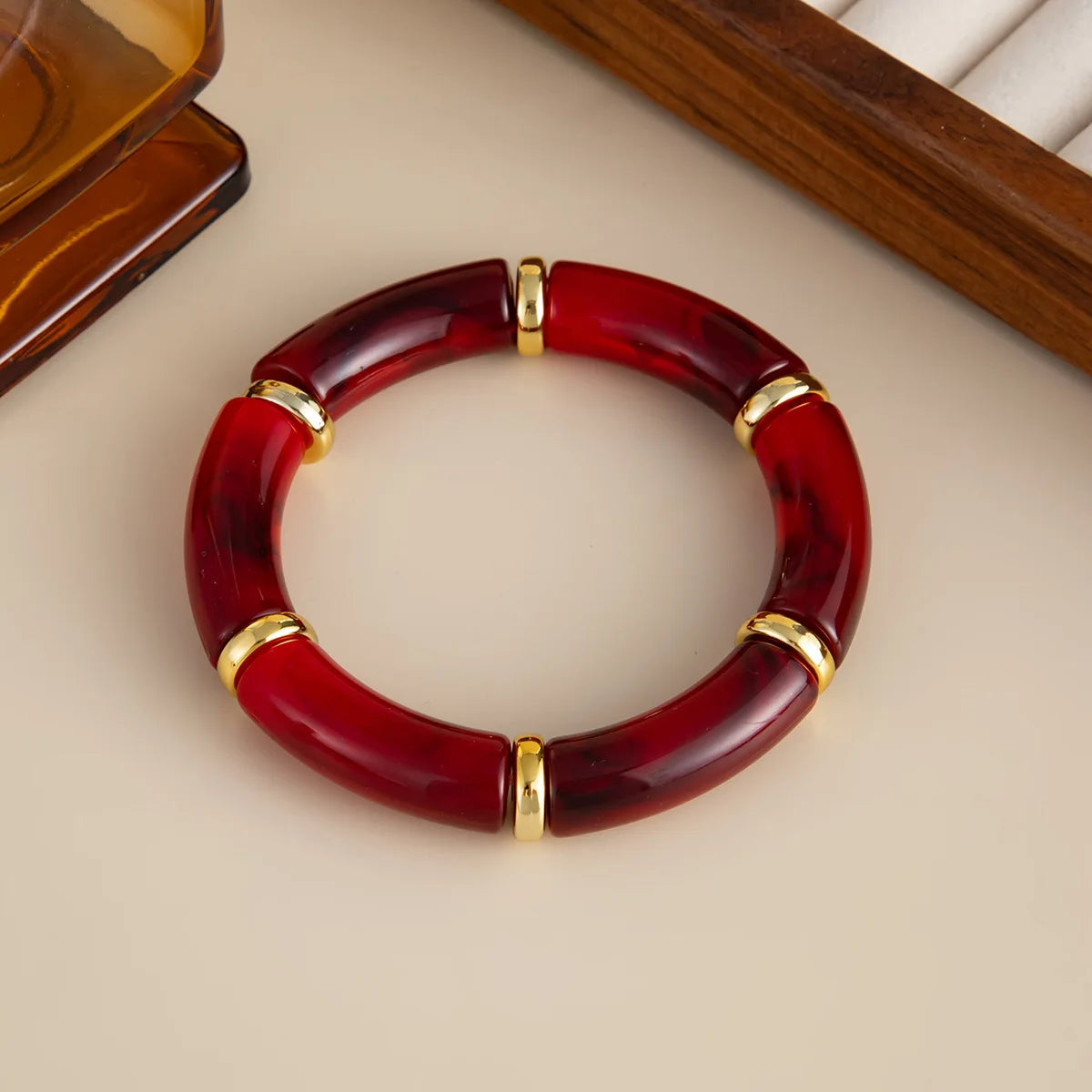 Salircon 6 Style Vintage Red Resin Acrylic Bracelets for Women Punk Splice Metal Tube Beaded Handmade Bangles Aesthetics Jewelry