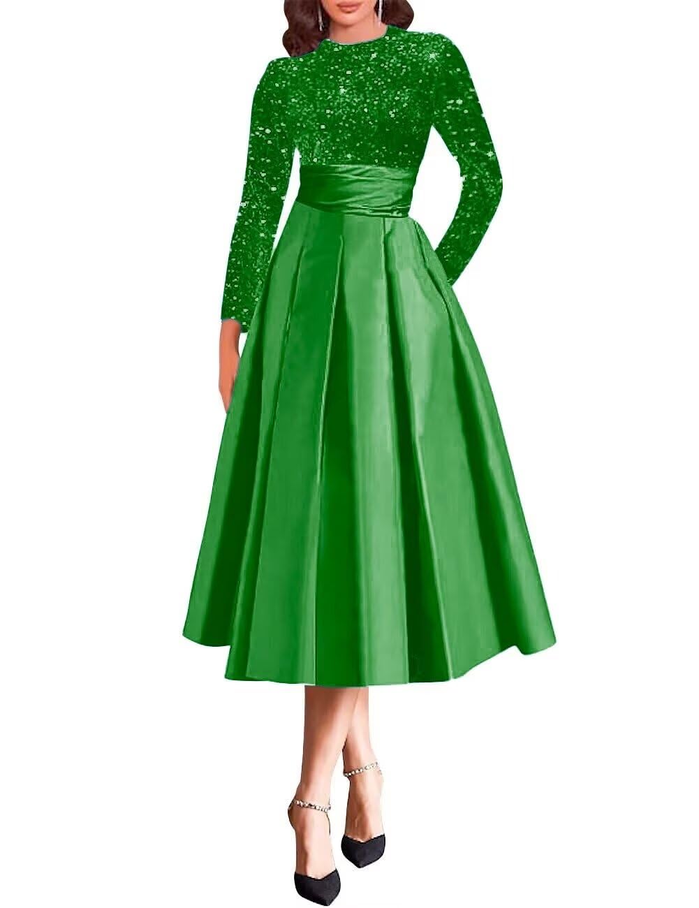 Long Sleeve Satin Mother of The Bride Dresses Green Sequin Top Midi A-Line Formal Evening Gown with Pockets US 0