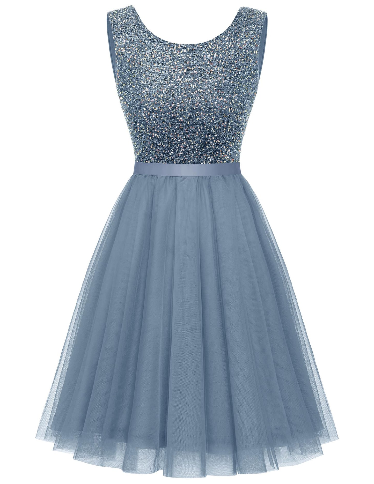 BeryLove Womens Short Sequin Party Dress Sleeveless Boat Neck Prom Wedding Formal Homecoming Dresses for Teens Cocktail Evening Gown S002 Grey Blue S
