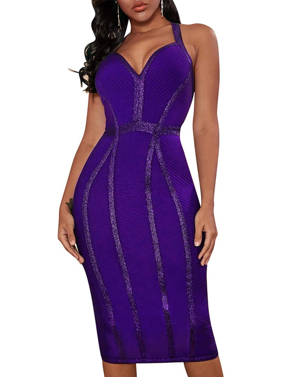 whoinshop Womens Short Sleeve Celebrity Bodycon One Shoulder Evening Party Club Bandage Dress Purple L