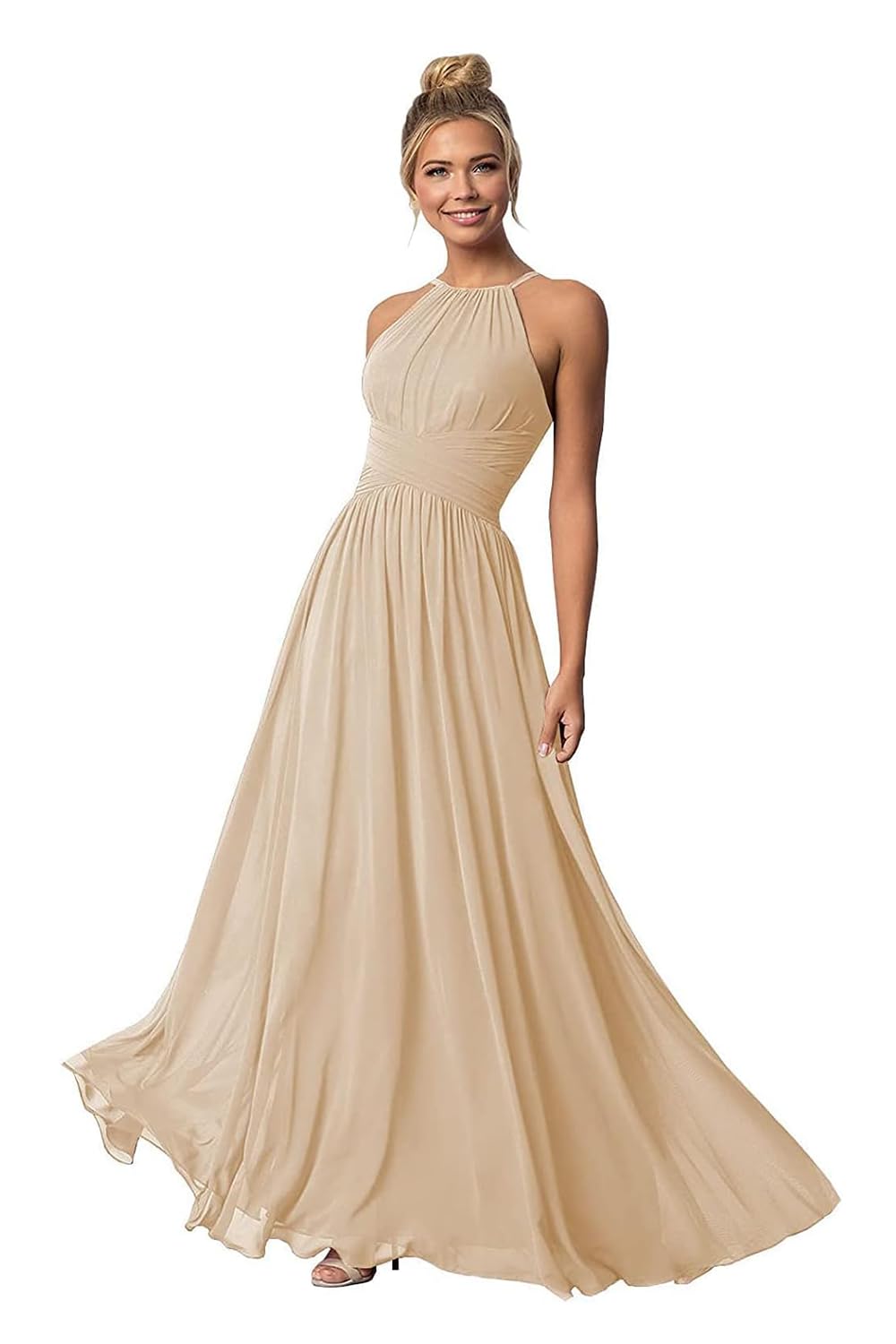 Homuguz Plus Size Womens Chiffon Halter Bridesmaid Dresses Long A Line Formal Prom Dress for Wedding Evening Party Gown with Pockets Champagne 16W