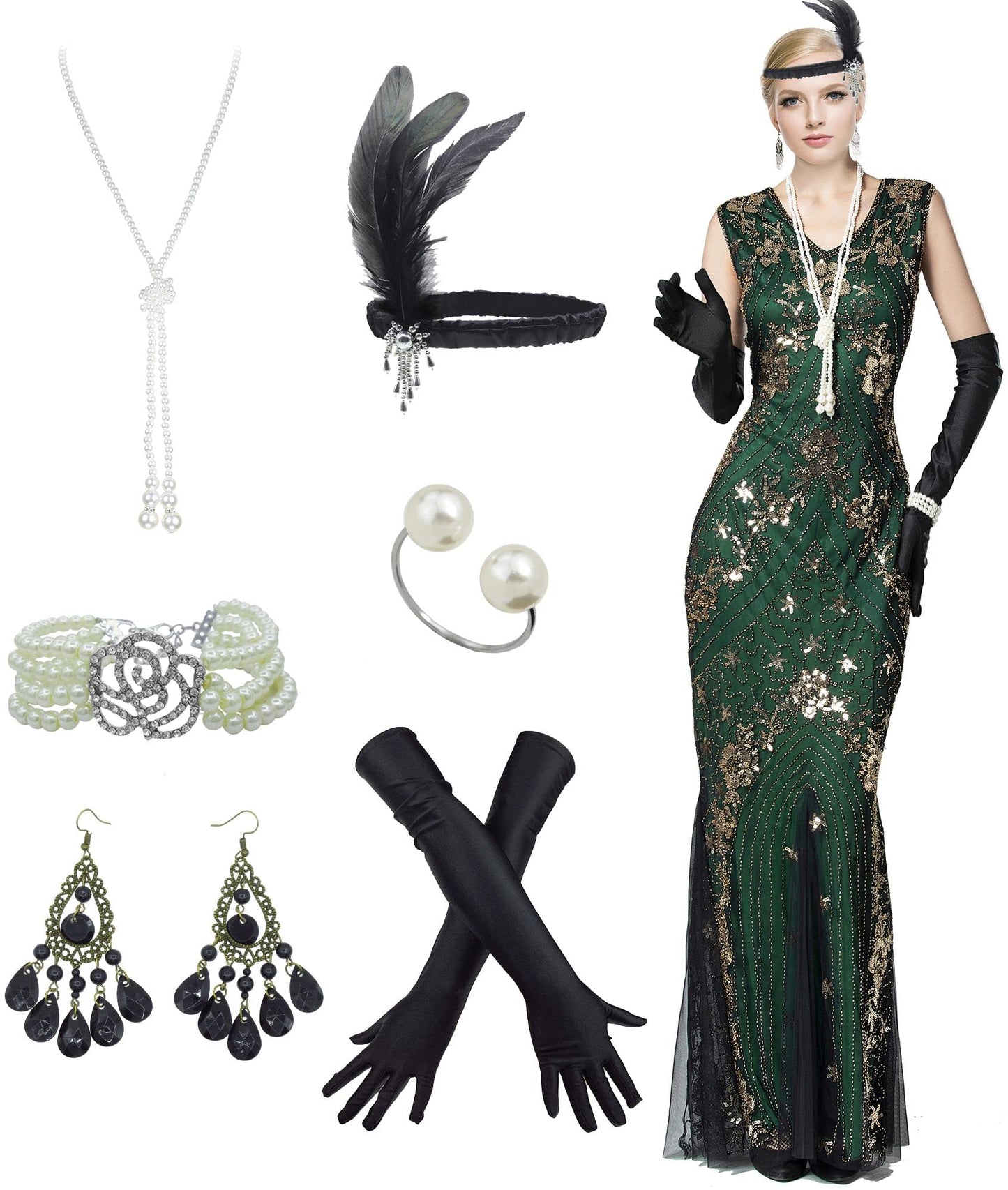 Women Evening Dress 1920s Floral Sequin Mermaid Hem Maxi Long Formal Ball Gown with 20s Accessories Set (X-Large Style Green Gold)