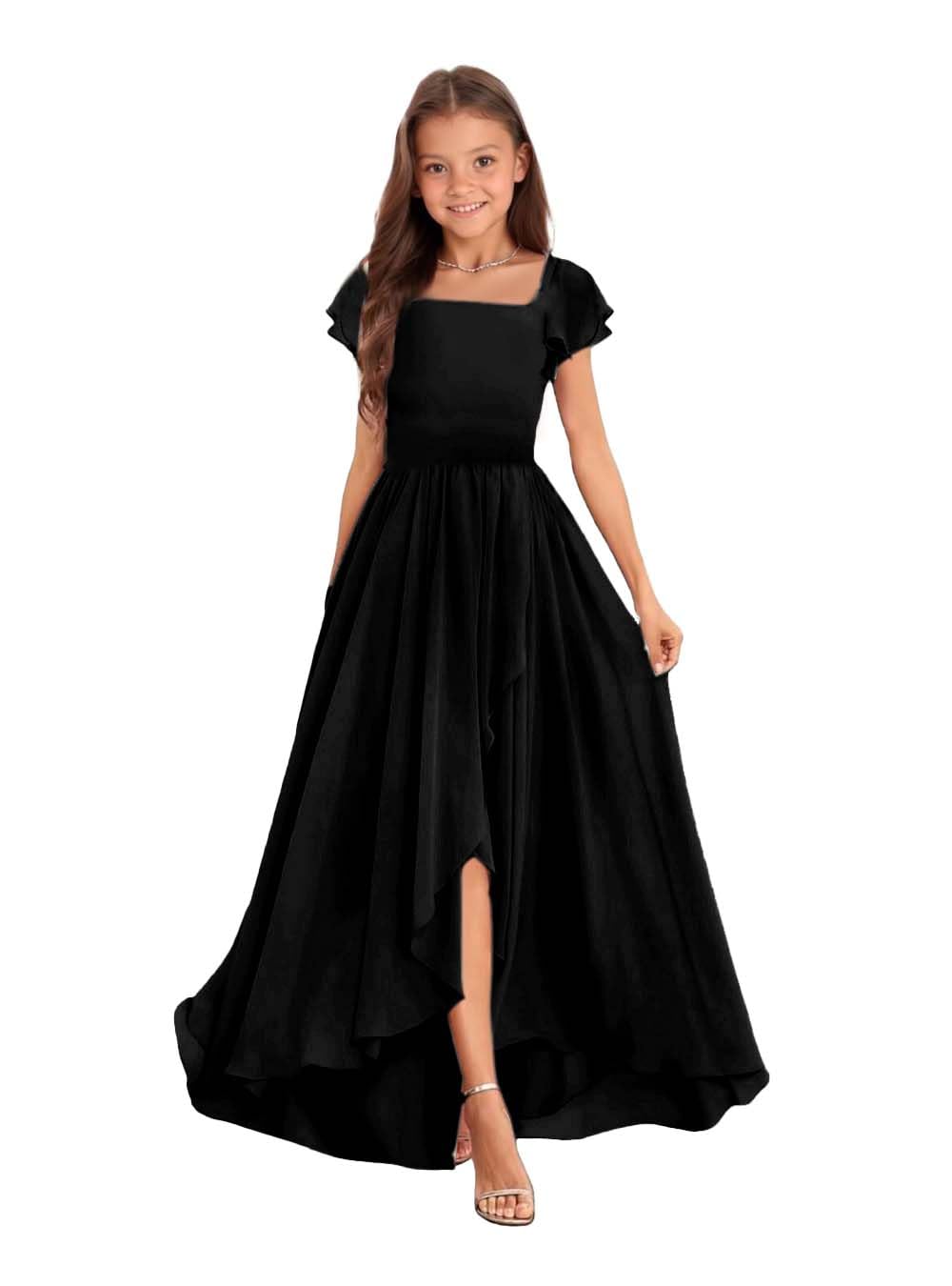 EMOZOM Black Junior Bridesmaid Dresses Cap Sleeves Chiffon Flower Girl Dress for Teen Girls Bridesmaid Dresses Size 10-12USSize 10