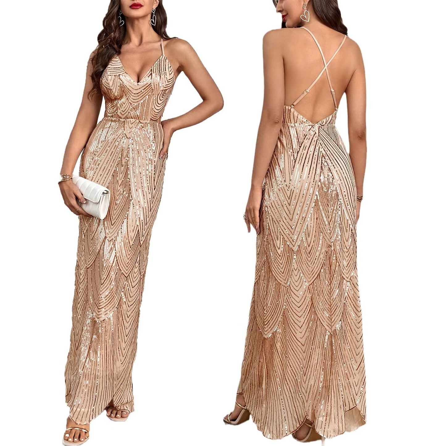 Womens V Neck Spaghetti Straps Sequin Sparkly Glitter Irregular Hem Prom Dress Bcakless Maxi Evening Gowns S Beige