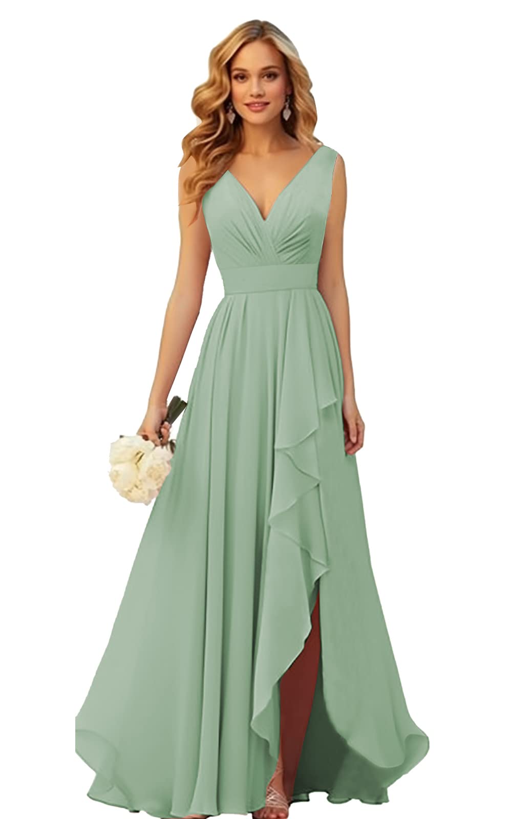 OFEYCHUN Chiffon Sage Green Bridesmaid Dresses for Wedding High Low Ruffle Long Formal Evening Dresses Size 10