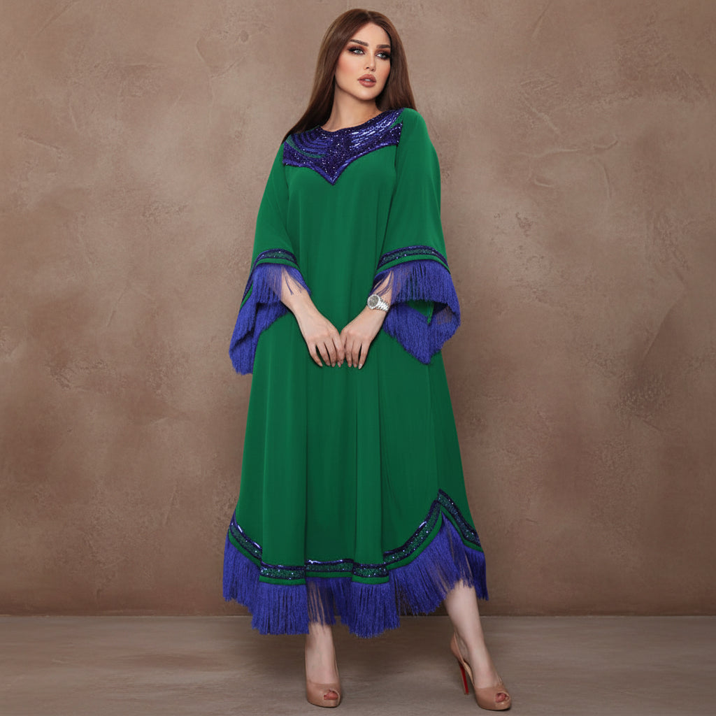 Morocco Women Sequins Tassel Muslim Abaya Kaftan Evening Dress