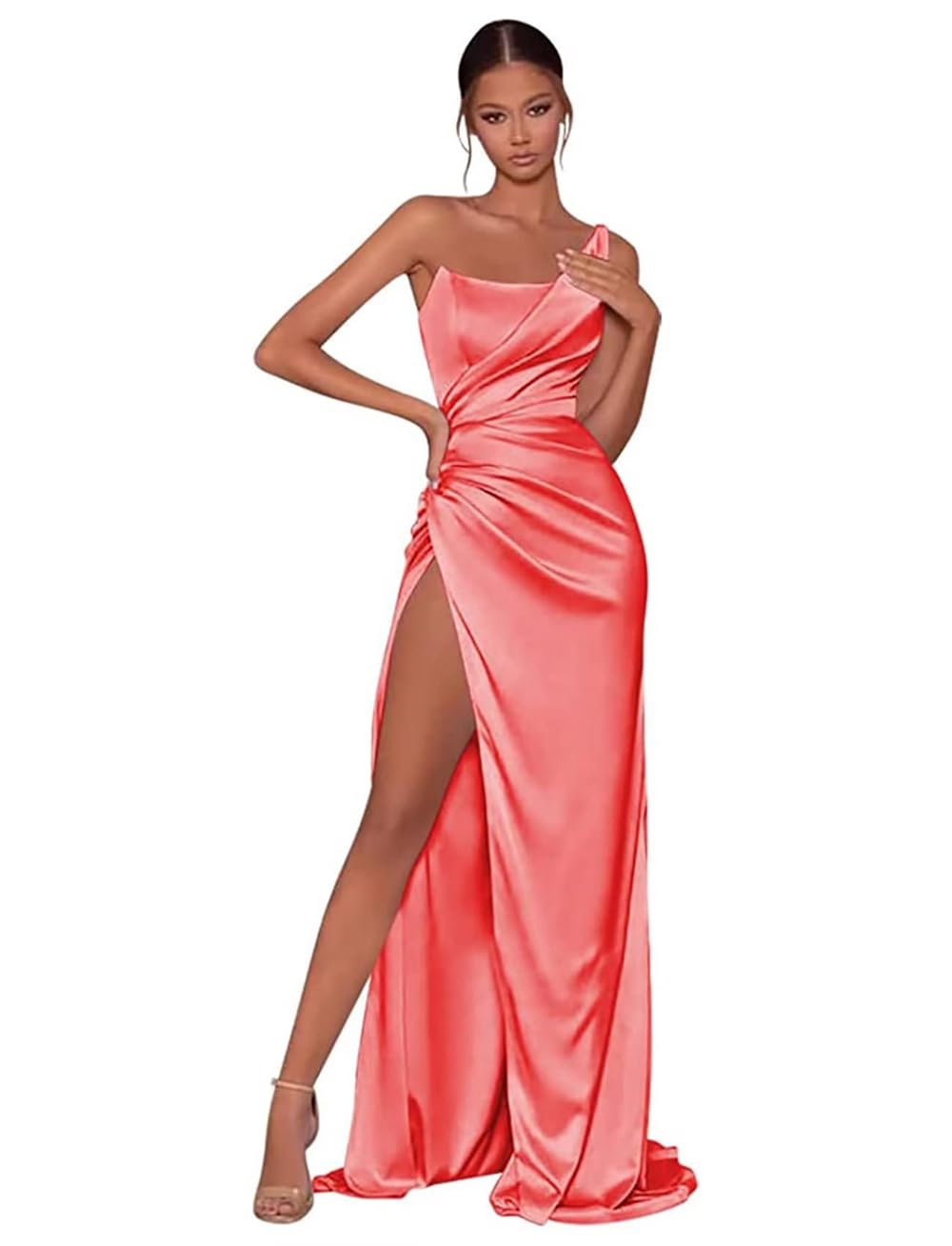 Fashionbride One Shoulder Satin Bridesmaid Dress for Women Teens Long Prom Dresses with Slit Pleated Formal Party Gowns Coral Size 10